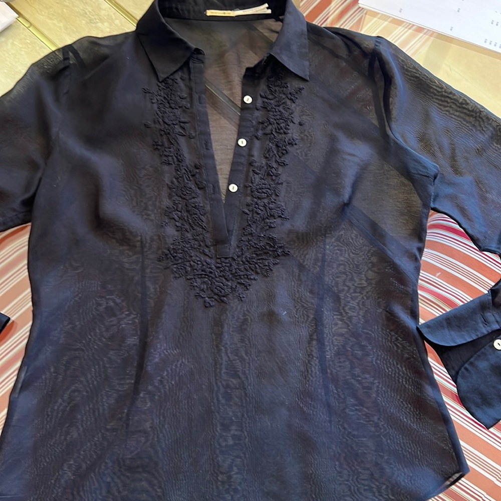 Max studio semi sheer tapered blouse mother of pearl buttons embroidered chest